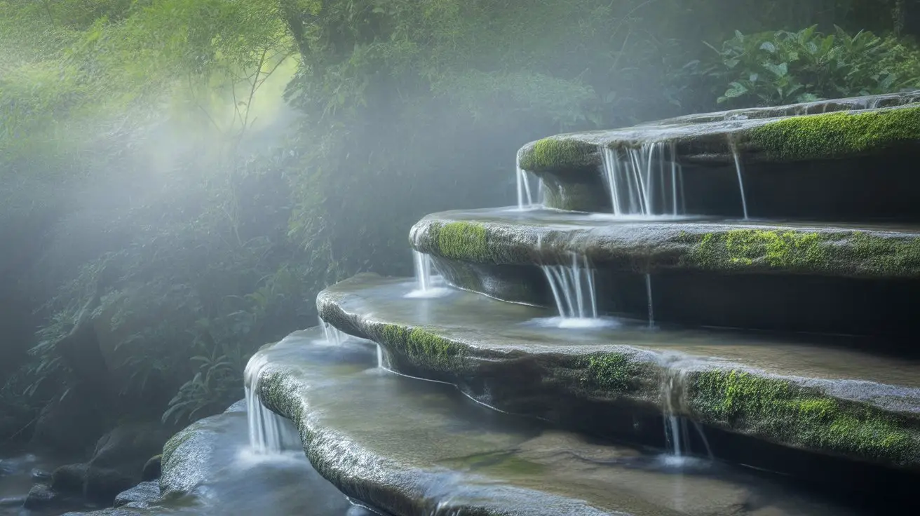 tiered waterfall with mist